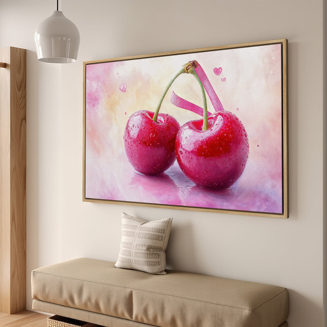 Framed Wall Art featuring watercolor cherries in a pink and red palette. Add a touch of sweetness to your space with this vibrant Canvas Print!