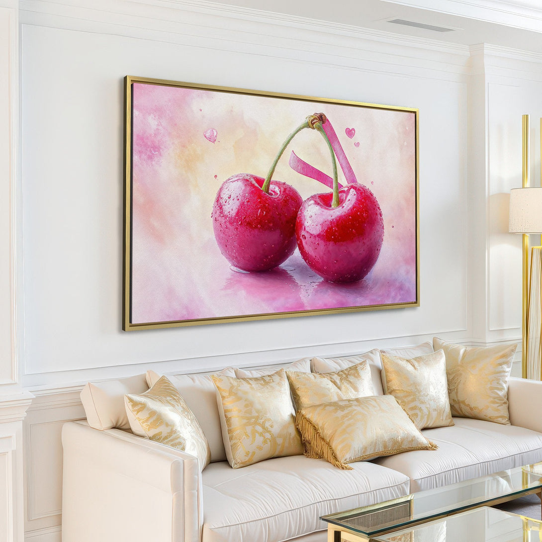 Canvas Print featuring watercolor cherries, romantic and vibrant. Pink and red color palette adds a touch of elegance to any space.
