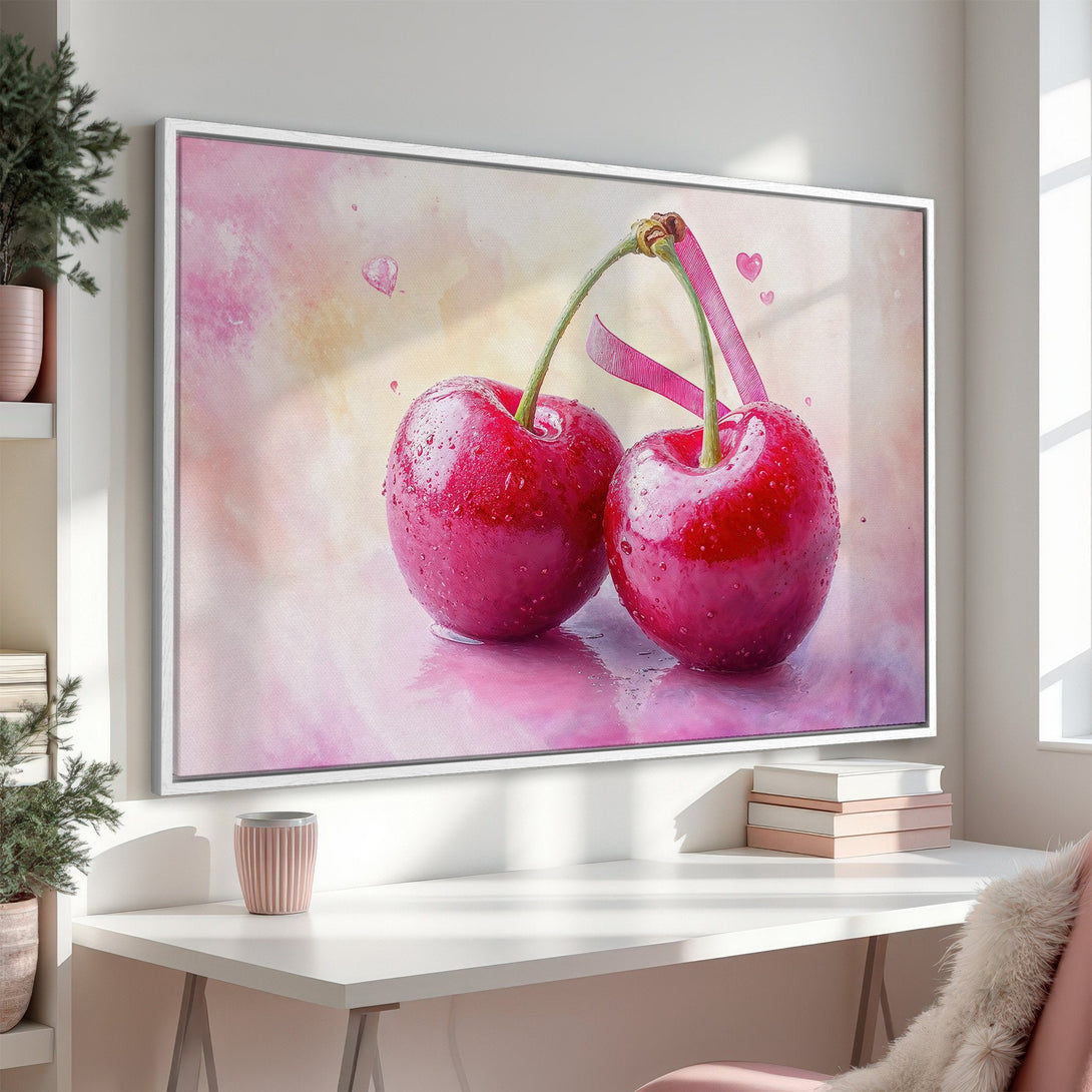 Framed Wall Art featuring watercolor cherries in a pink and red palette. Perfect for adding a touch of romance to your home decor!