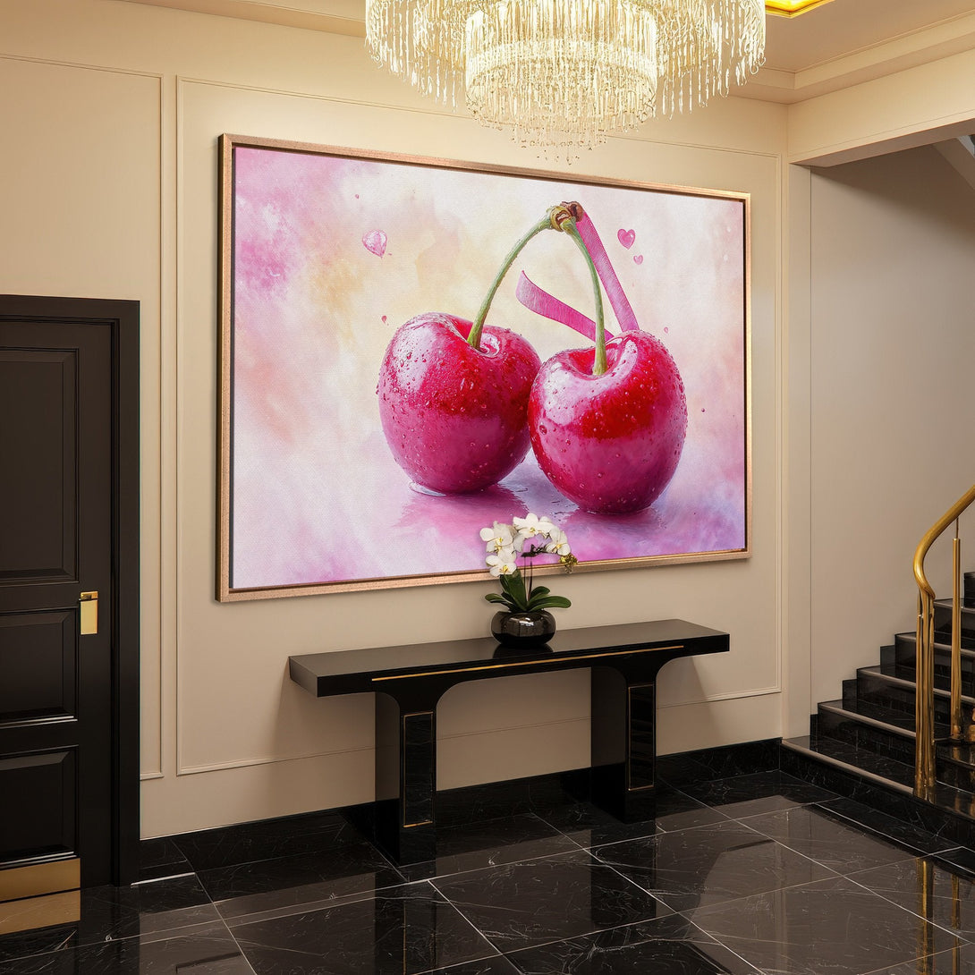 Framed Wall Art: Romantic cherry painting in pink & red hues. Modern style Canvas Print adds a touch of elegance to any interior.