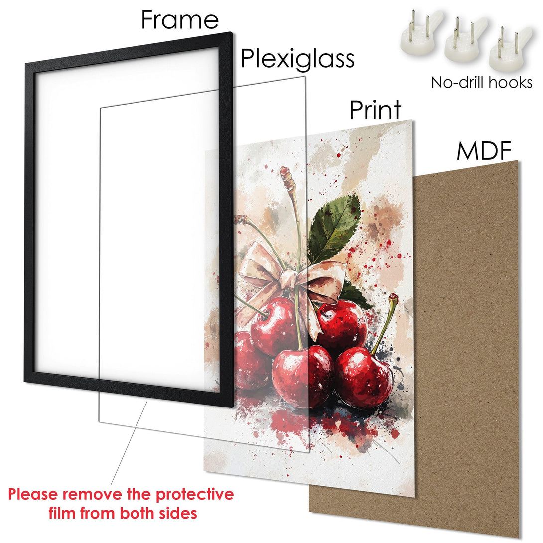 Framed Poster featuring watercolor cherries. Vibrant red and neutral tones. Stylish wall art for your home.