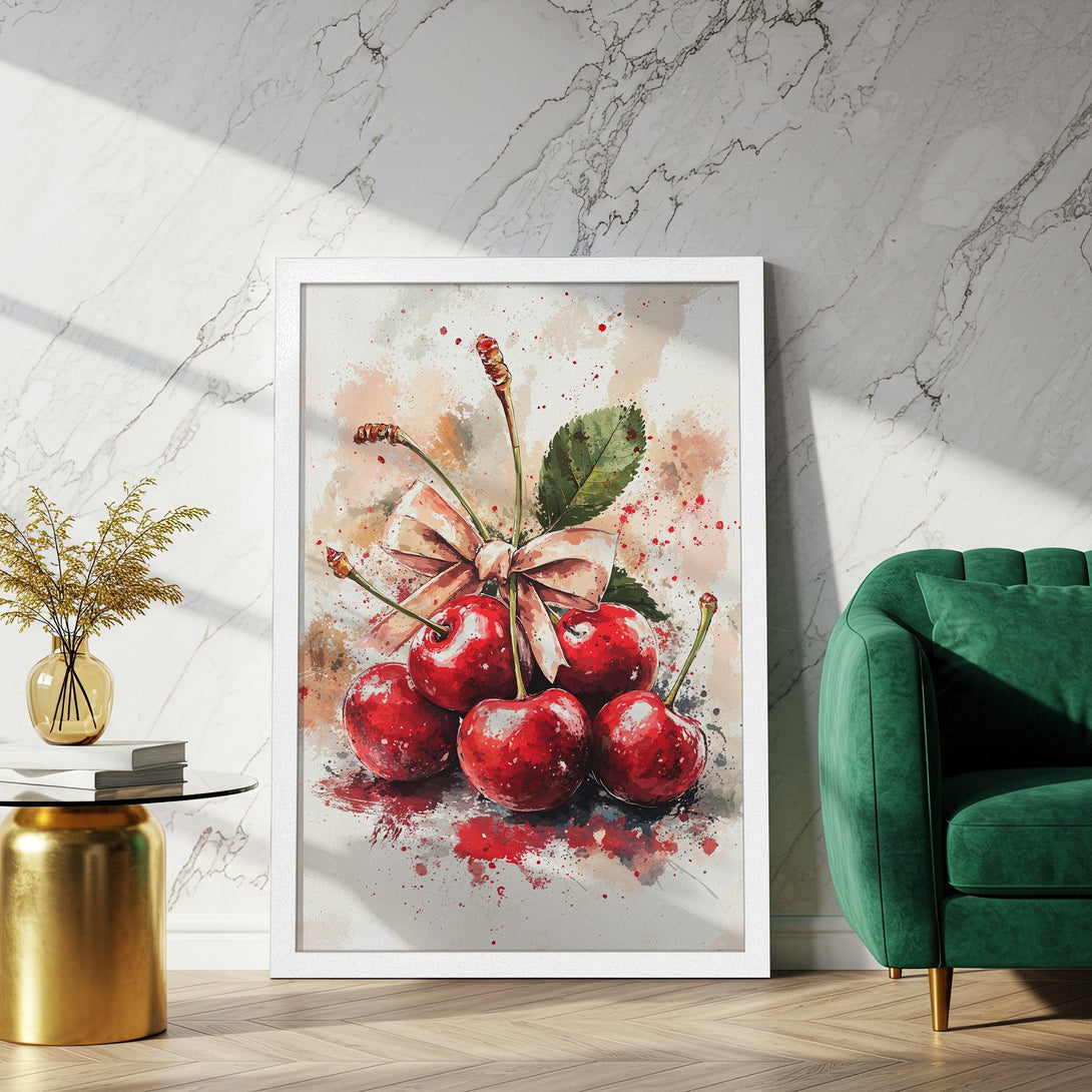 Framed Poster featuring watercolor cherries. Vibrant red, pink, and green hues. Perfect wall art for your home!