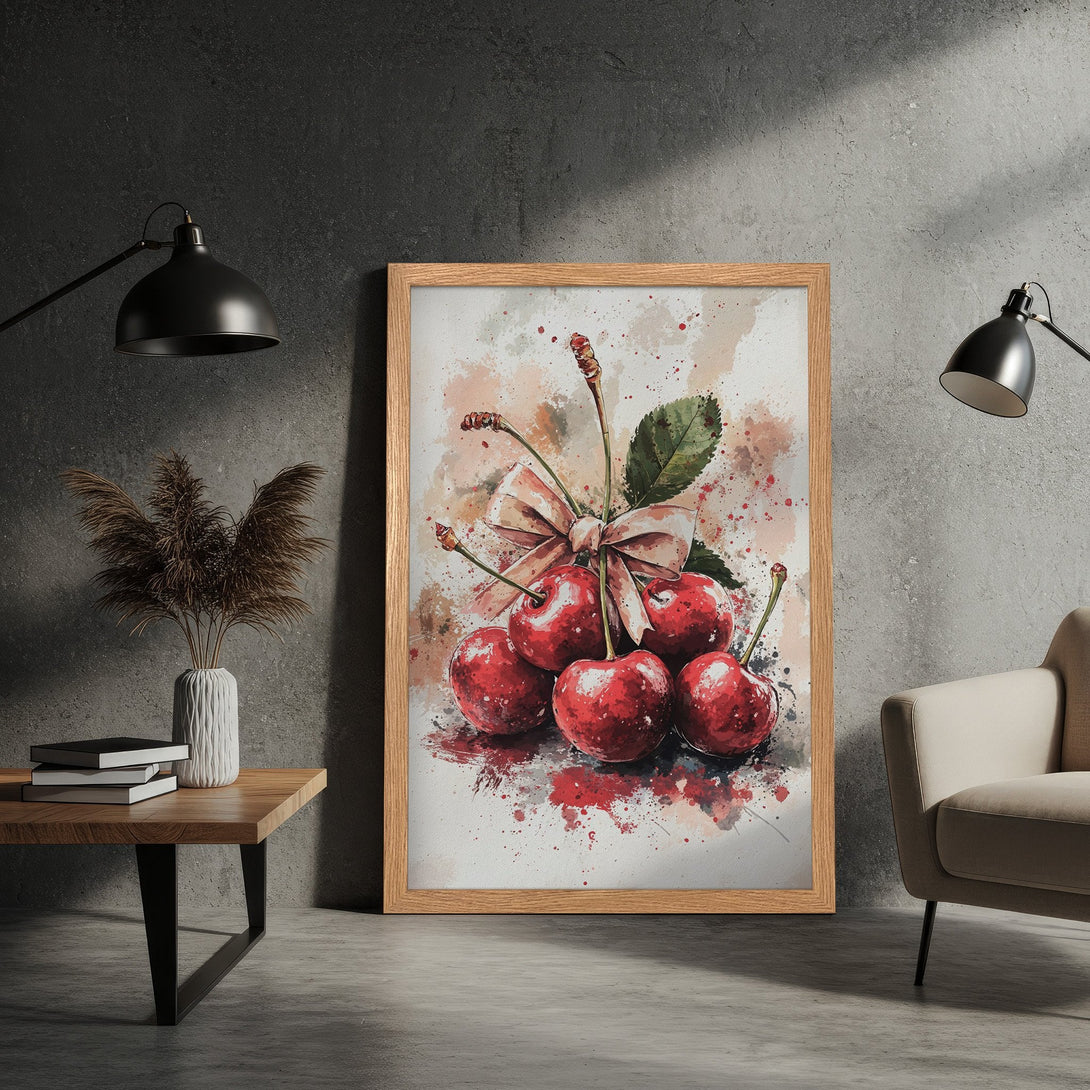 Framed Poster featuring watercolor cherries. Vibrant red fruit art with a soft, neutral color palette. Perfect wall decor!