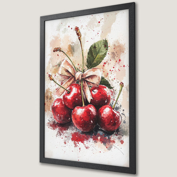 Framed Poster featuring watercolor cherries. Vibrant red fruit with a soft blush and neutral color palette. Perfect kitchen art!