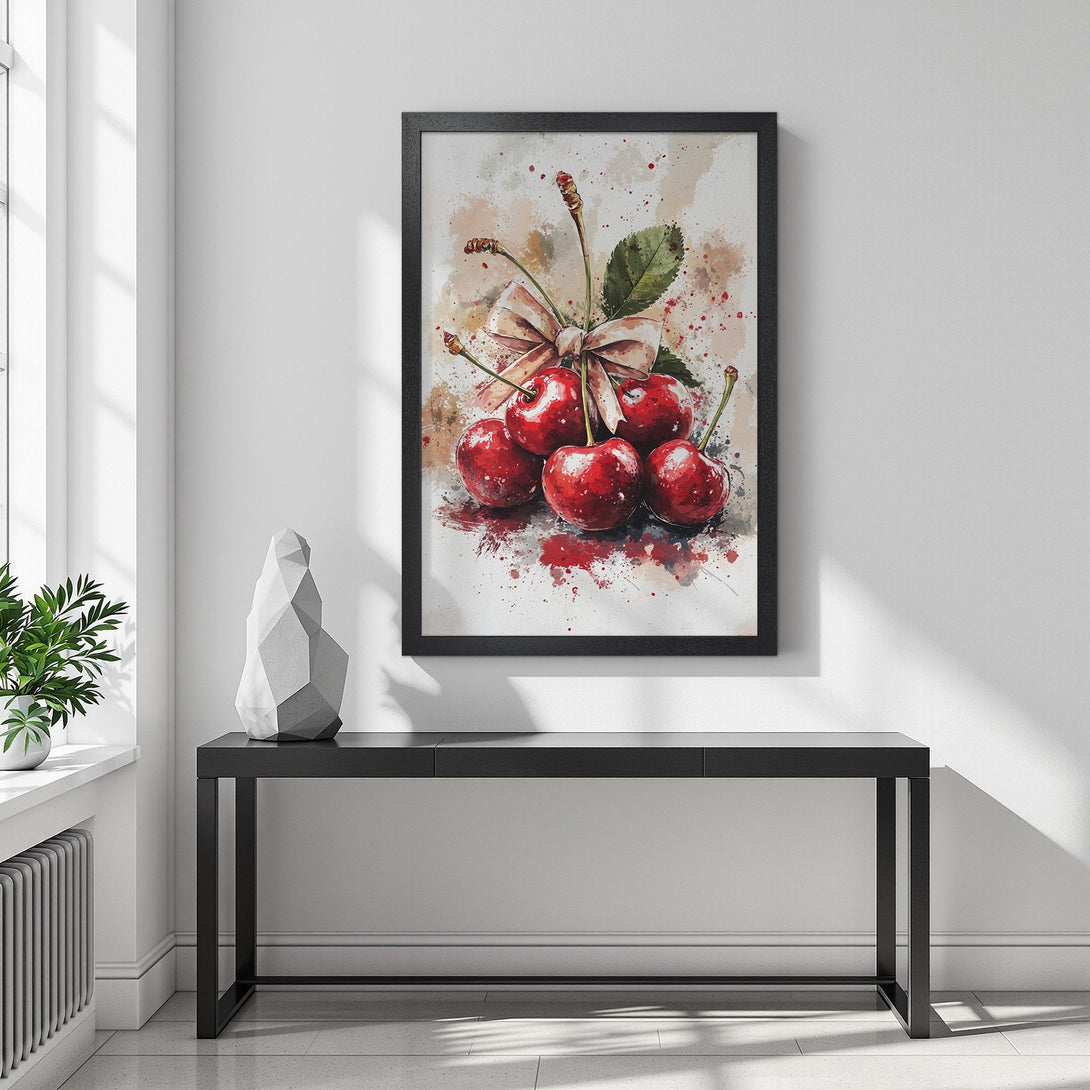Framed Poster featuring watercolor cherries. Elegant art print with a red, beige, and green color palette. Perfect wall decor!