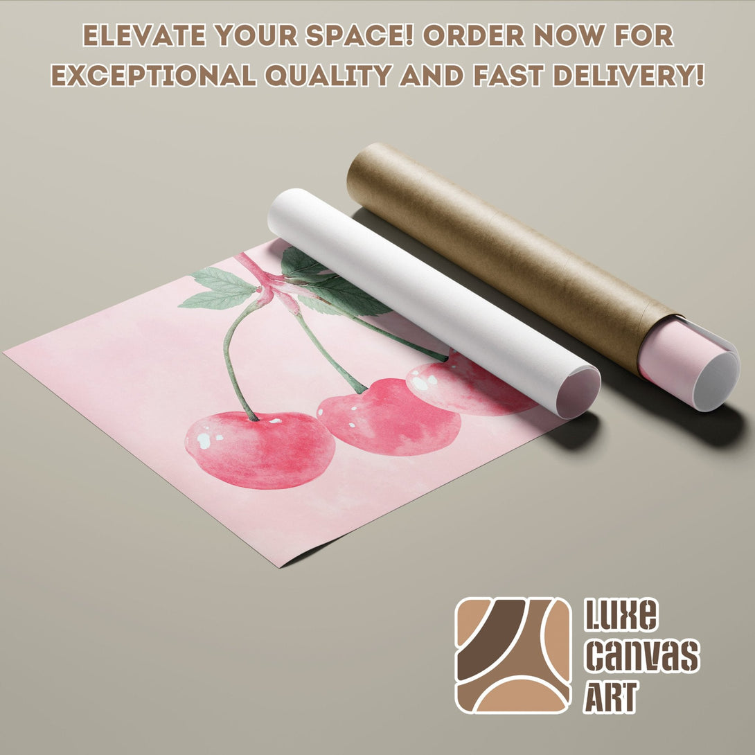 Watercolor cherry Poster Roll in pink and green, perfect for your home decor.