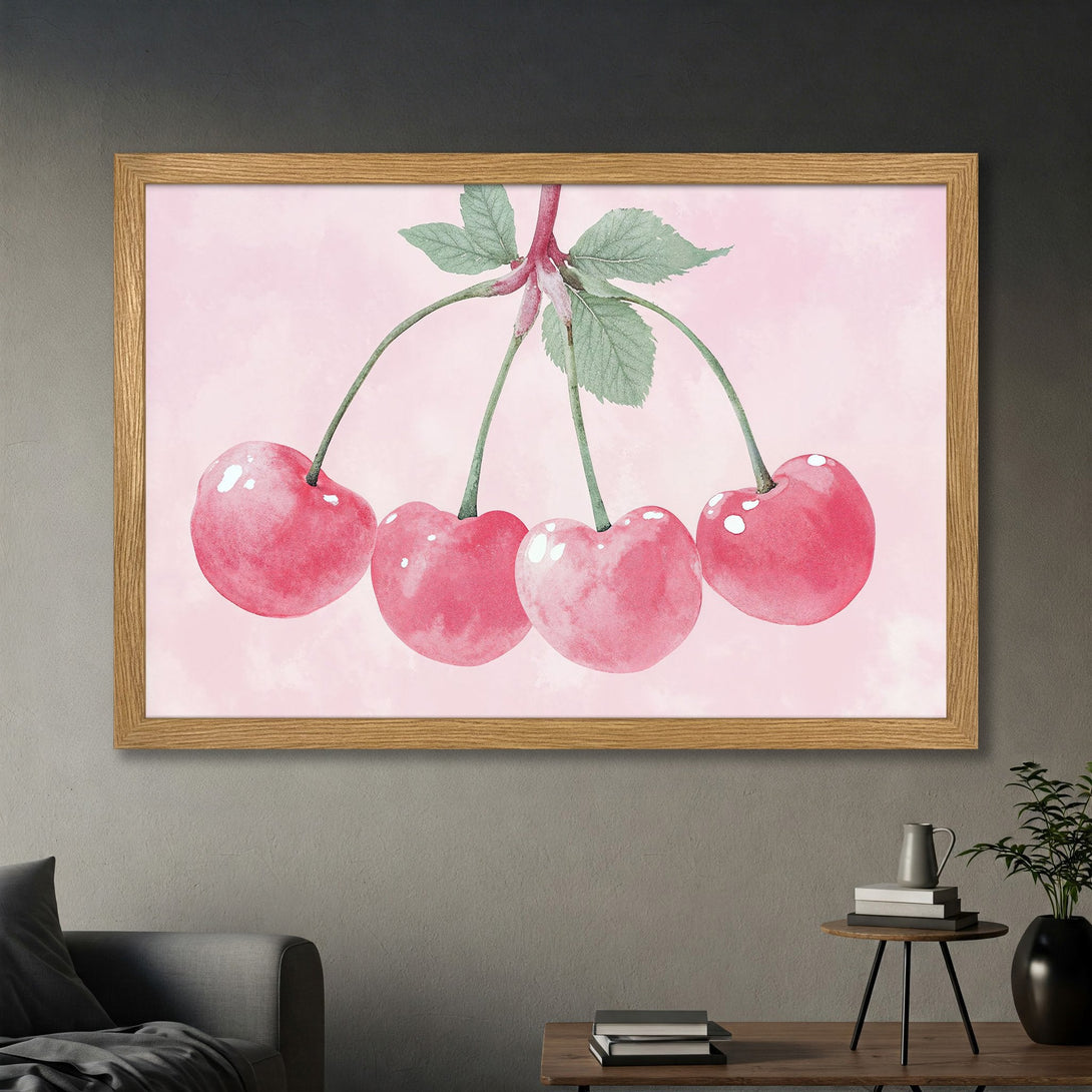 Framed Poster featuring watercolor cherries on pink background. Modern botanical art in a pastel color palette. Perfect wall decor.