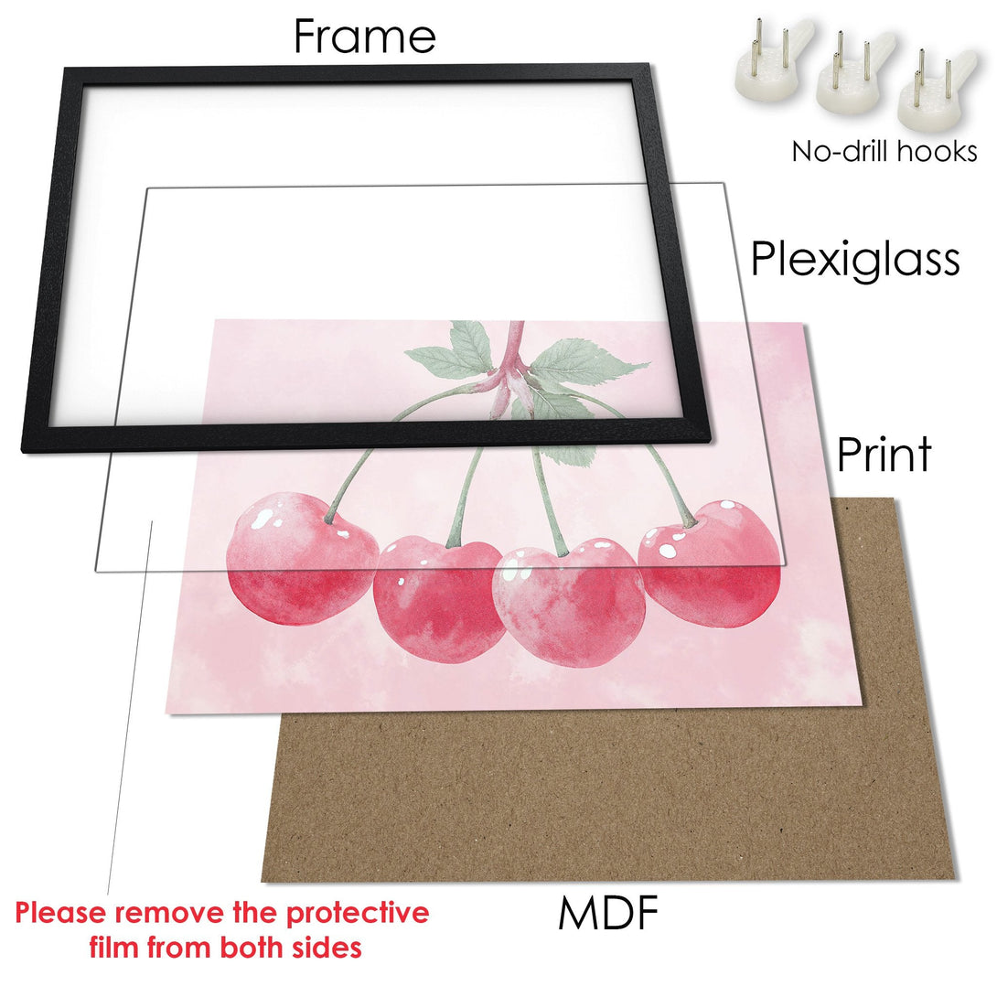 Framed Poster featuring watercolor cherries in a soft pink palette. Perfect wall art for your kitchen or dining room!