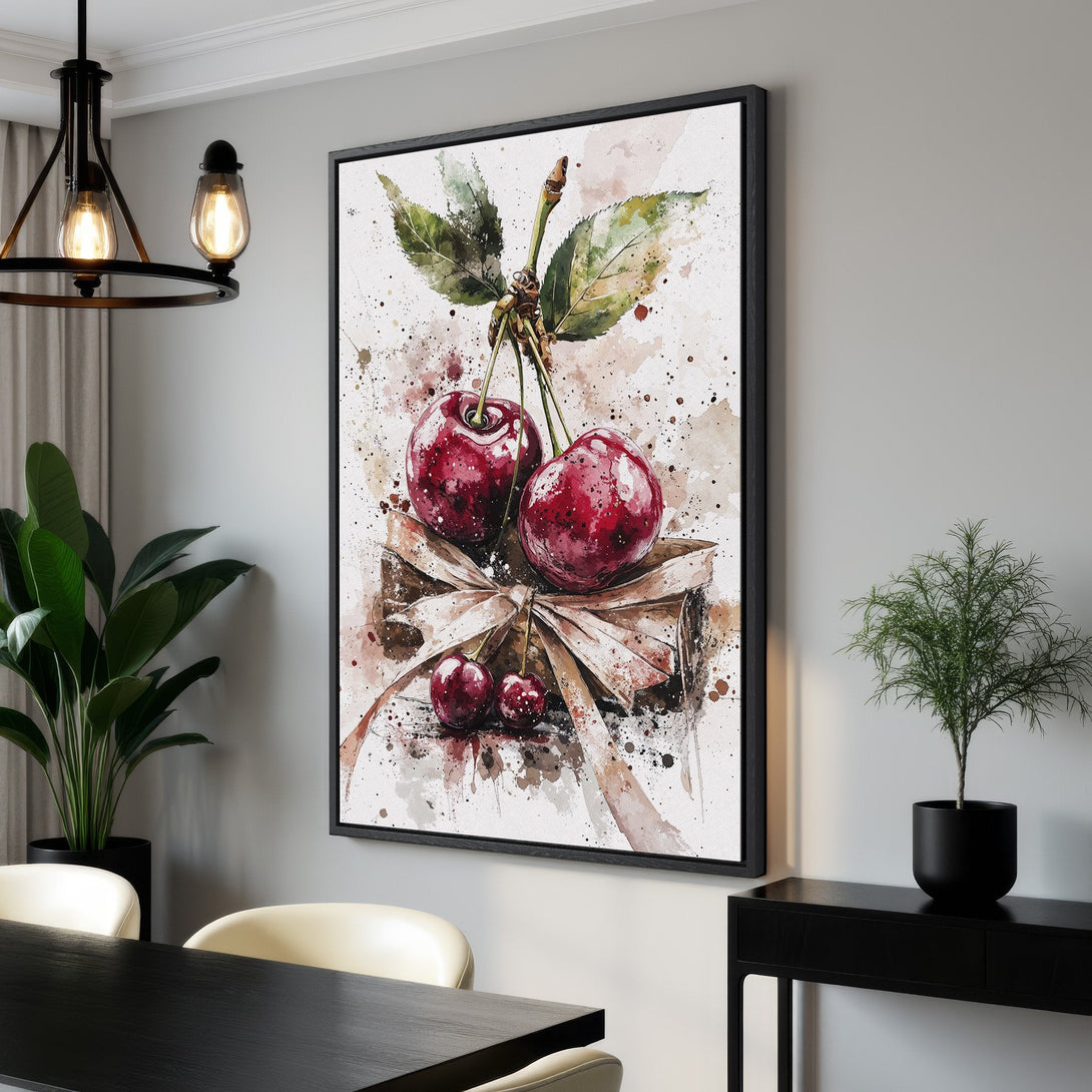 Framed Wall Art: Watercolor cherries print in a modern interior. Red, green, and neutral tones. Enhance your dining room with this stylish canvas print.