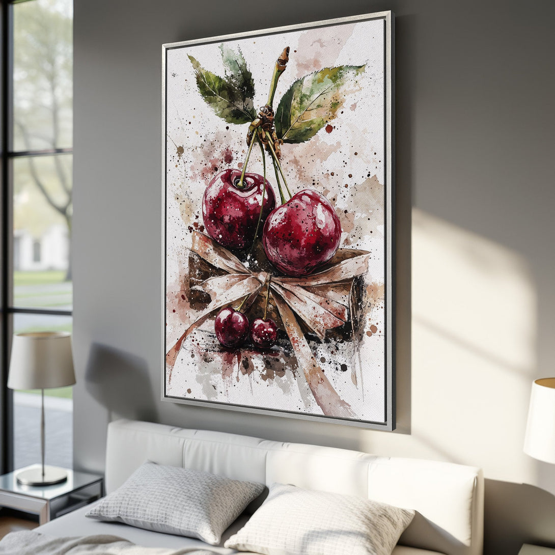 Framed Wall Art of watercolor cherries. Red, green, and brown tones. Adds a touch of elegance to any space. Perfect for kitchen or dining room decor.