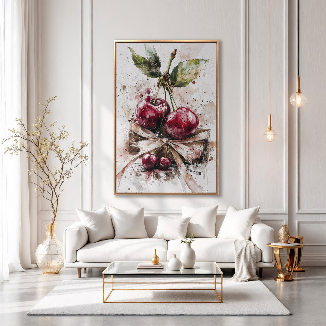 Framed Wall Art featuring watercolor cherries in a modern interior. Rich red and green fruit against a neutral, elegant backdrop. Perfect home decor.