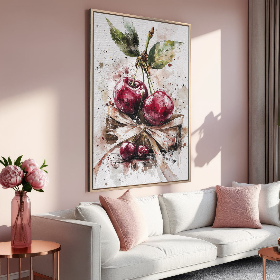 Framed Wall Art: Watercolor cherries in a blush pink interior. Botanical art with a soft, romantic color palette. Perfect for kitchen or dining room decor.