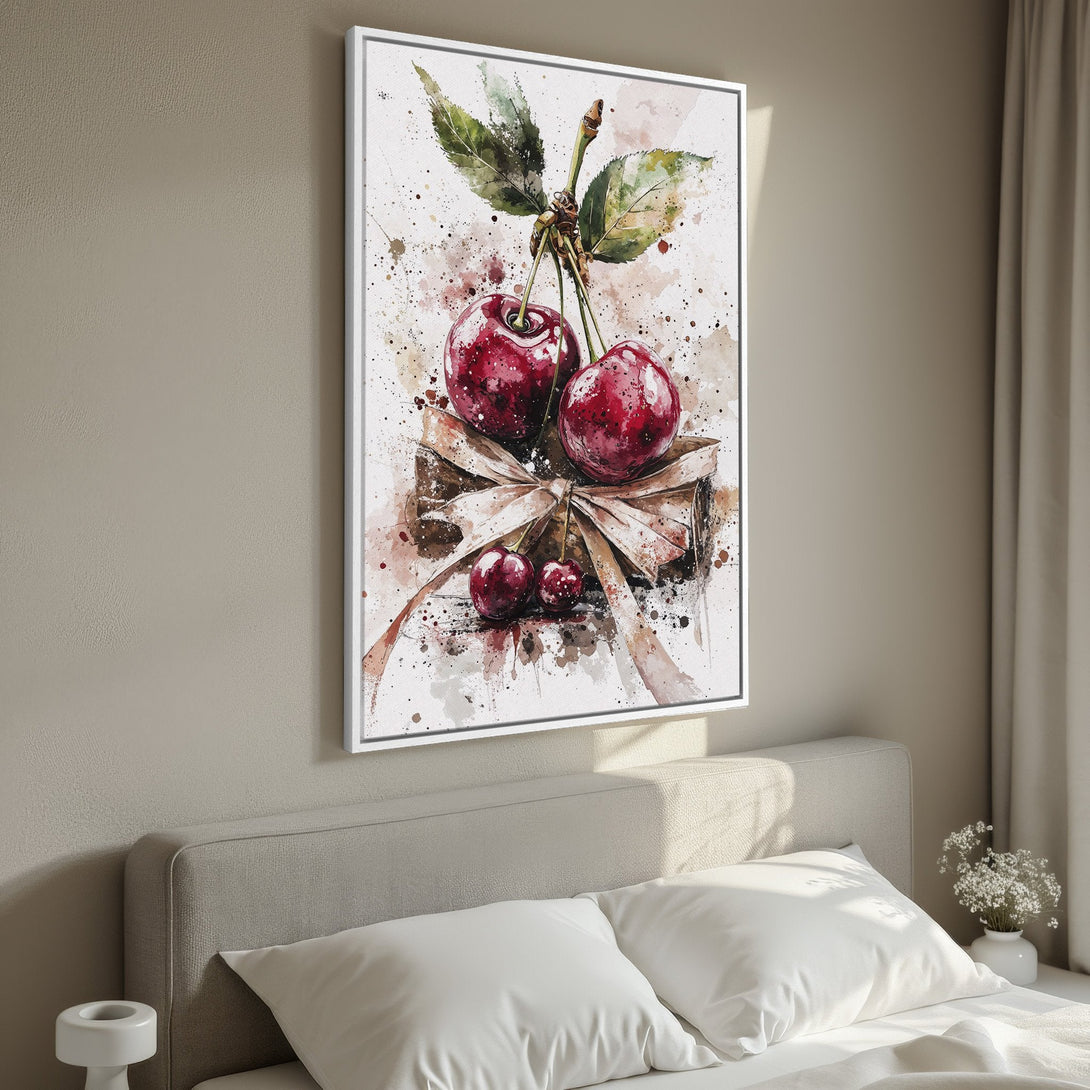 Framed Wall Art of watercolor cherries in a bedroom setting. Features a red, brown, and green color palette. Perfect for kitchen or dining decor.