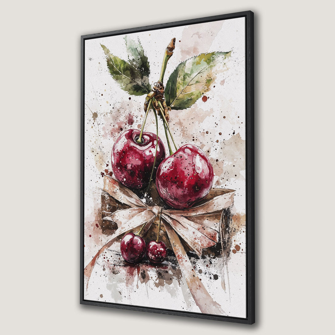 Framed wall art: Watercolor cherry Canvas Print. Vibrant red cherries with green leaves, brown ribbon, and splatter effect on a white background. Perfect kitchen decor.