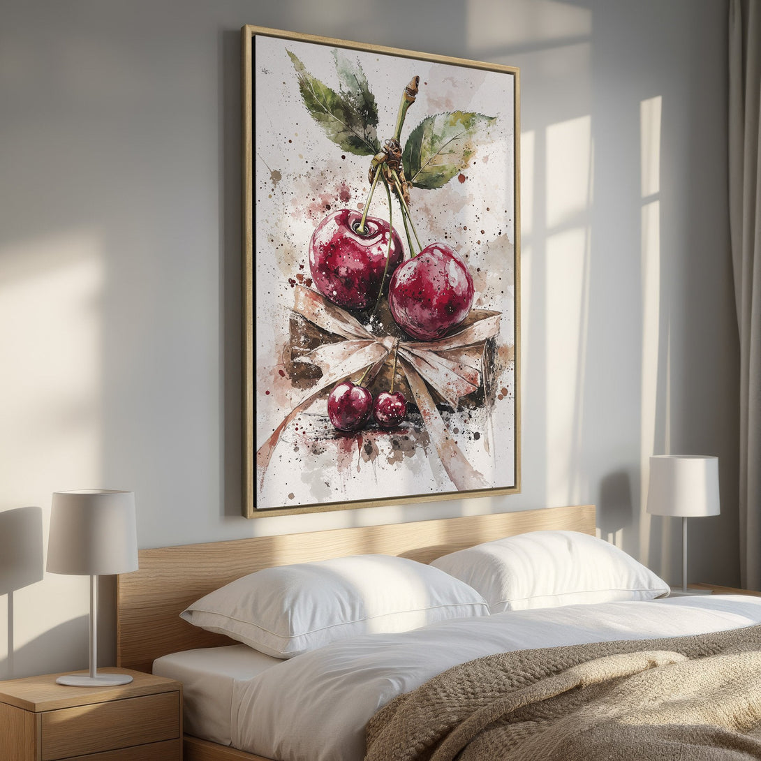 Framed Wall Art: Watercolor cherries on a gift, displayed in a bedroom. Red and green hues with neutral tones. Perfect for kitchen or dining room decor.