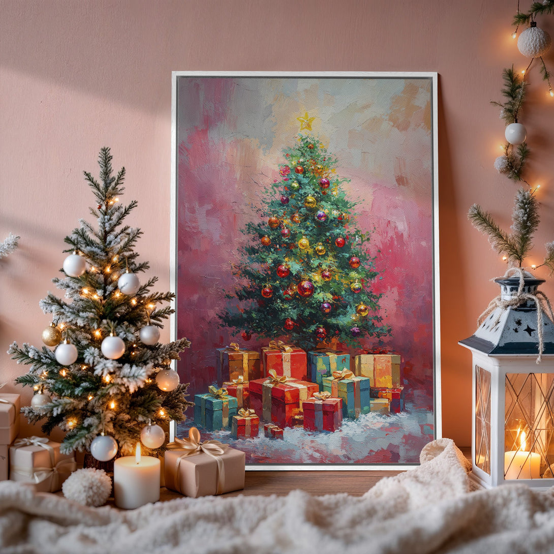 Framed Wall Art: Festive Christmas tree painting with vibrant colors. Perfect holiday decor! Warm red and green palette, ready to brighten your space.