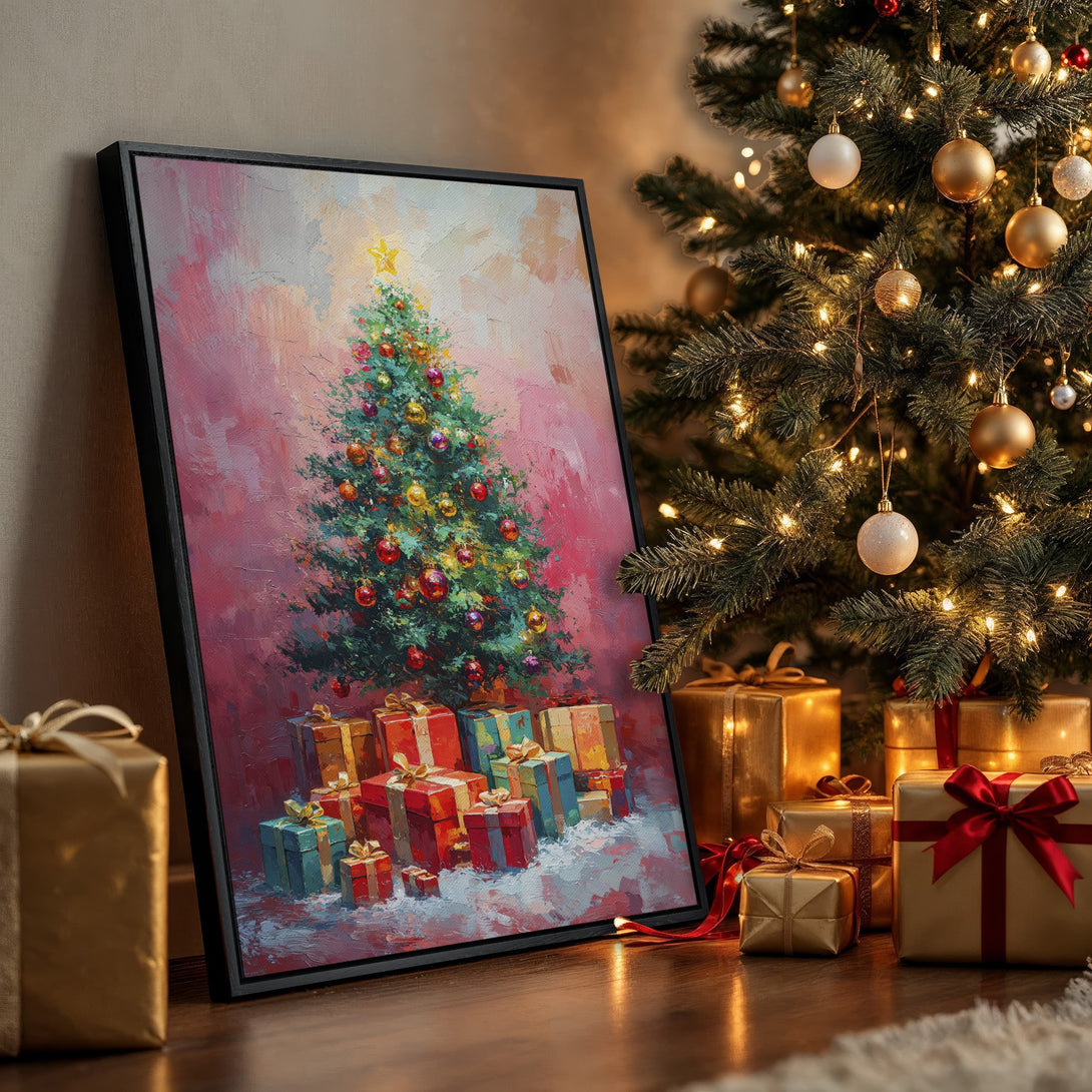 Framed Wall Art Christmas scene with a vibrant, painterly style. Festive red, green, and gold colors create a warm, inviting holiday atmosphere.