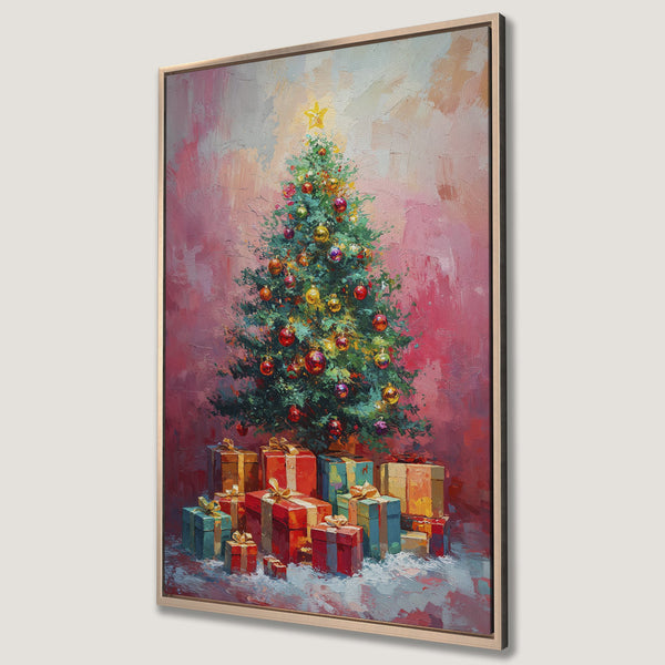 Framed Wall Art: Festive Christmas tree painting with vibrant red, green, and gold hues. Perfect holiday decor, this canvas print brings warmth and cheer to any space.