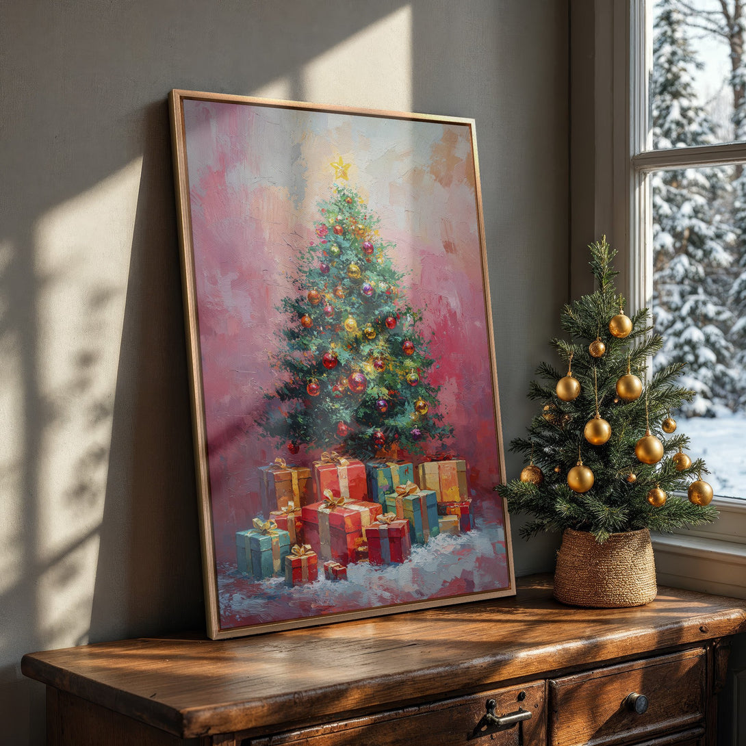 Framed Wall Art: Festive Christmas tree painting with a warm pink and red color palette. Perfect holiday decor for your home!