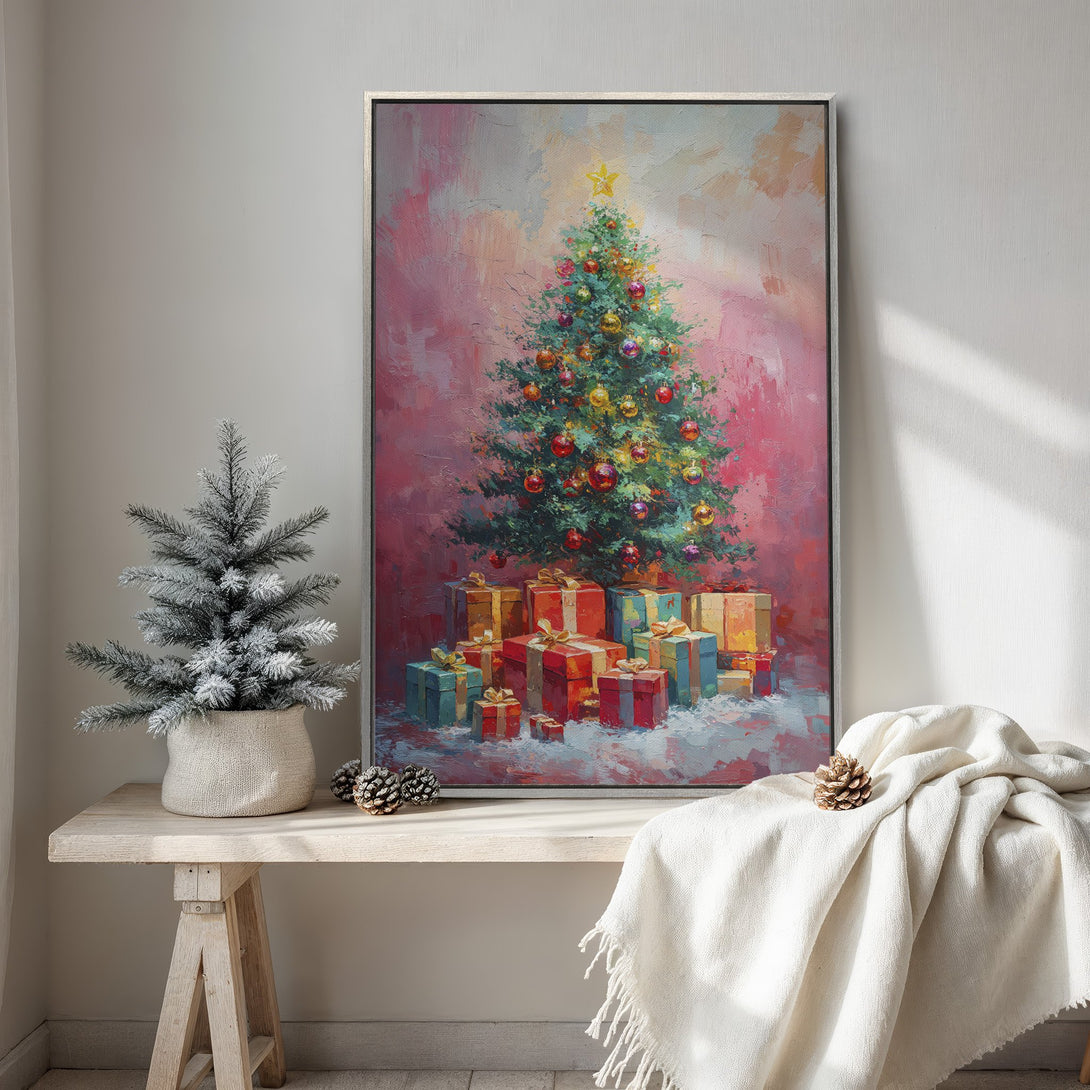 Framed Wall Art: Festive Christmas tree painting in a vibrant, impressionistic style. Features a warm pink and green color palette, perfect holiday decor.