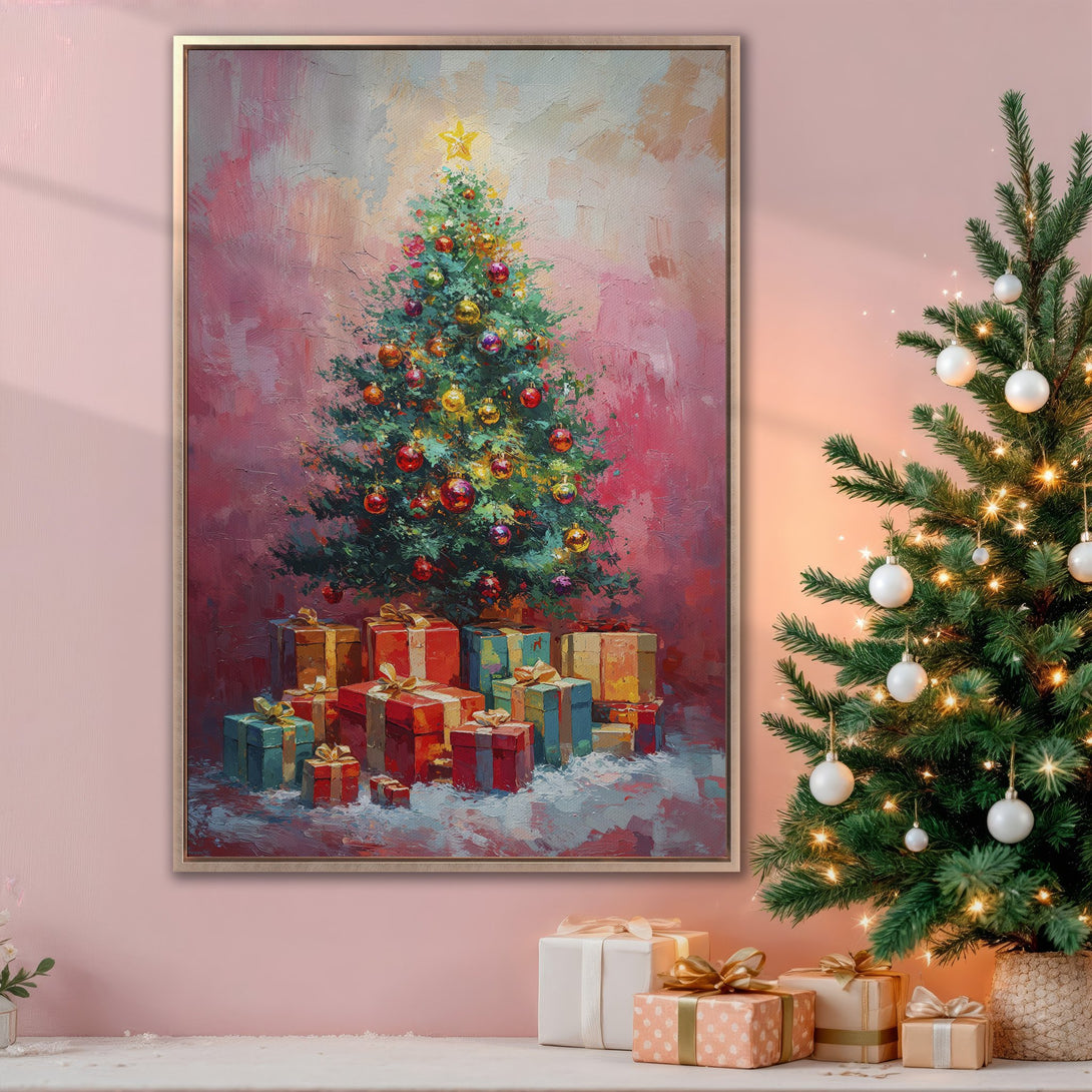 Framed Wall Art: Festive Christmas tree painting in impressionist style with a pink & red color palette. Perfect holiday decor!