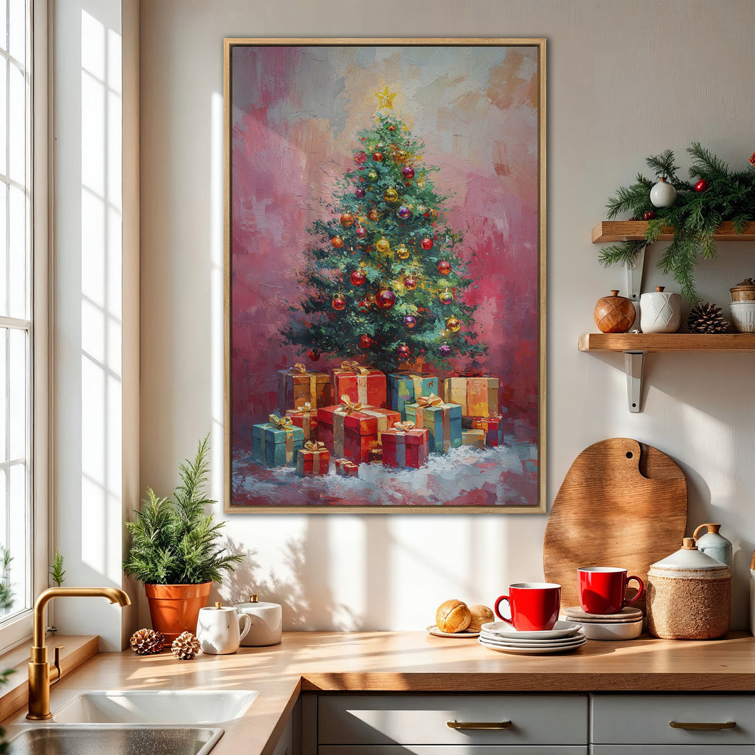 Framed Wall Art: Festive Christmas tree painting in a cozy kitchen. Warm red, green, and gold hues create a joyful holiday atmosphere. Perfect for seasonal decor.