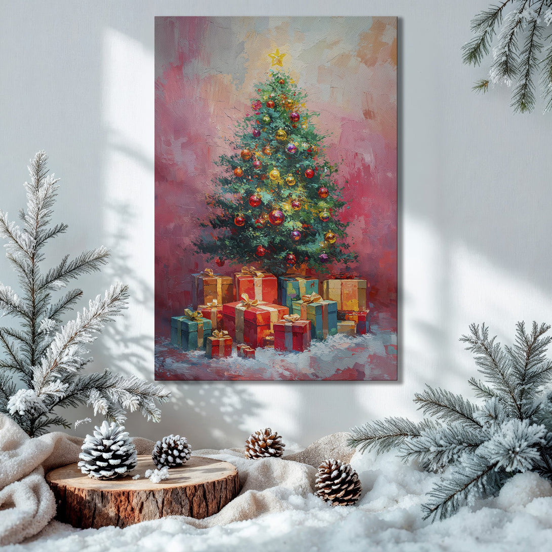 Framed Wall Art: Festive Christmas tree painting in a warm, inviting interior. Rich red, green, and gold palette for holiday decor.