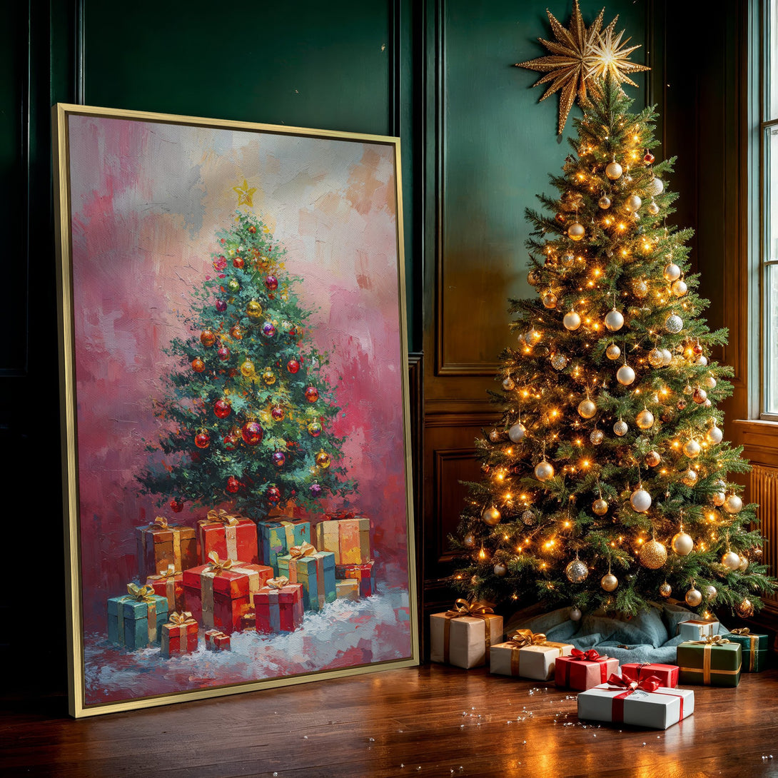 Canvas Print of a festive Christmas tree painting with a warm red and green palette, perfect holiday wall art to brighten any space.
