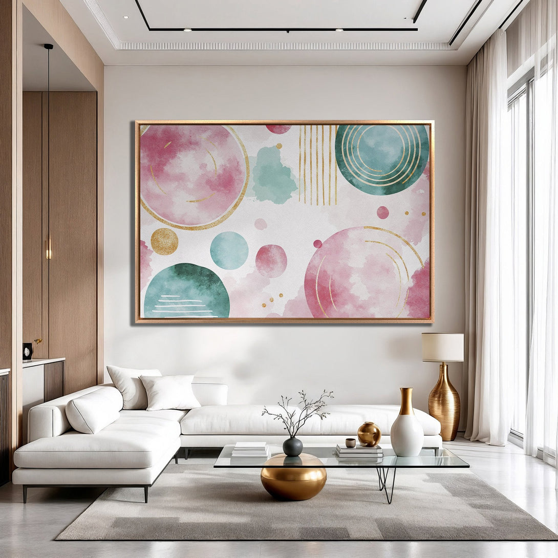 Framed Wall Art featuring abstract watercolor design in pink, teal, and gold. Modern art for living room decor.