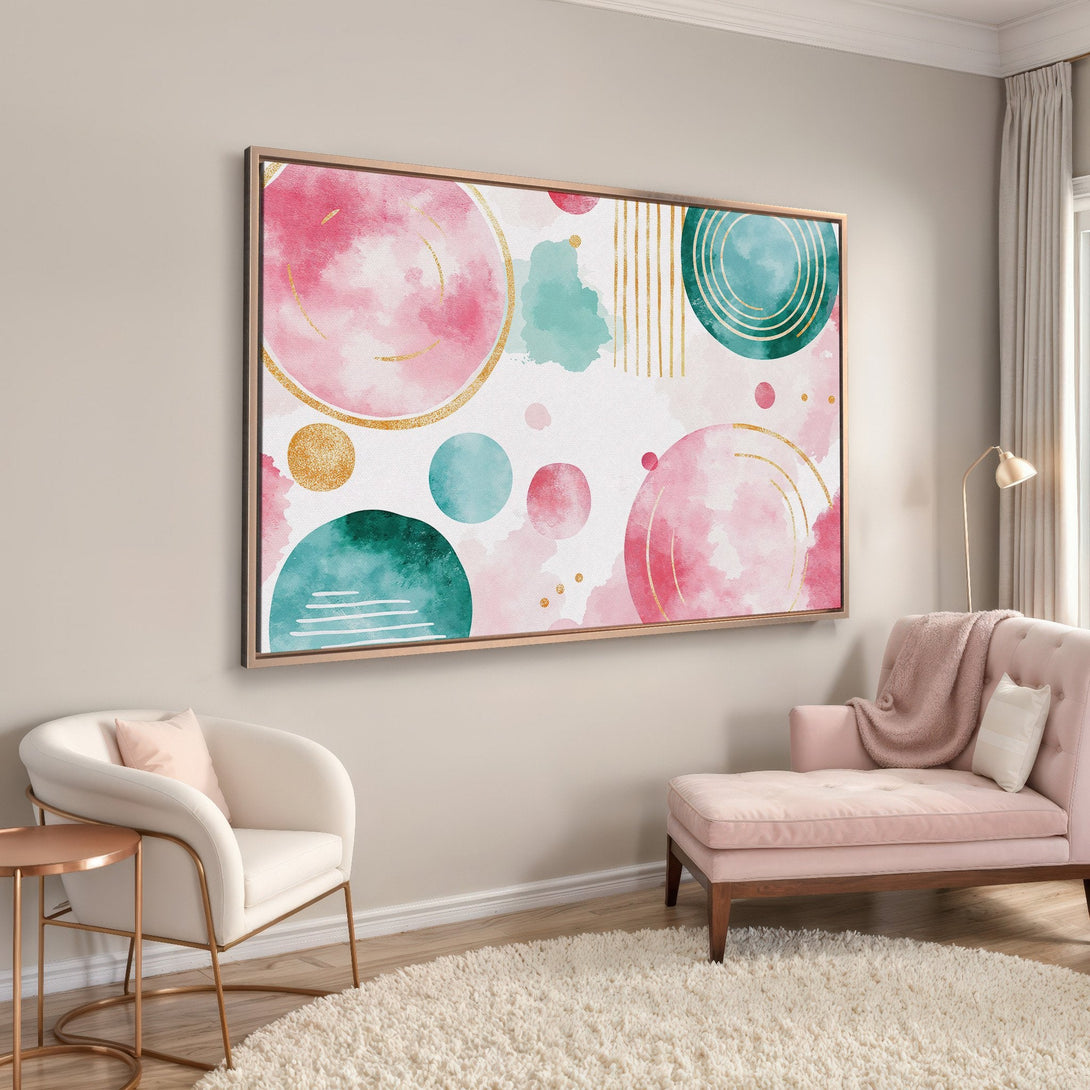 Framed Wall Art featuring abstract watercolor design in pink, teal, and gold. Modern, stylish Canvas Print perfect for home decor.