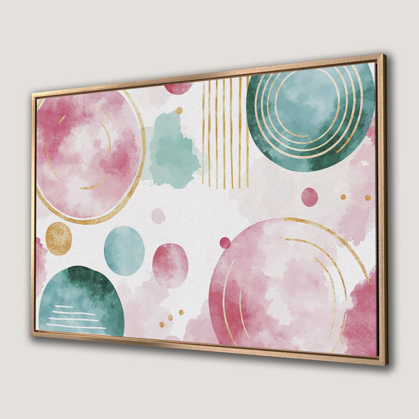 Framed Wall Art featuring abstract watercolor design in pink, teal, and gold. Modern canvas print for a stylish home decor upgrade.