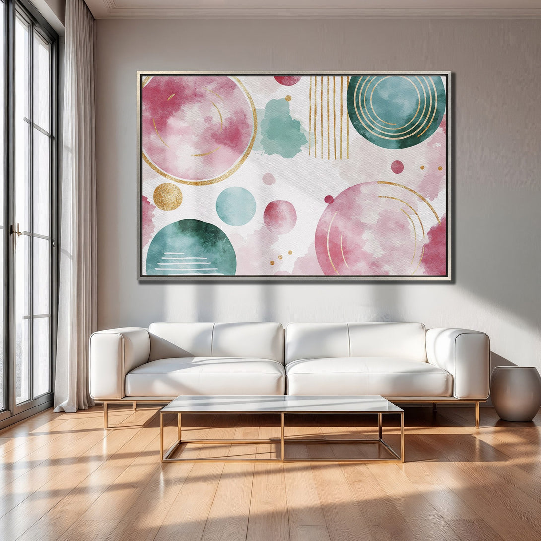 Framed Wall Art: Abstract watercolor circles in pink, teal, and gold. Modern art canvas print adds a pop of color to any living room.