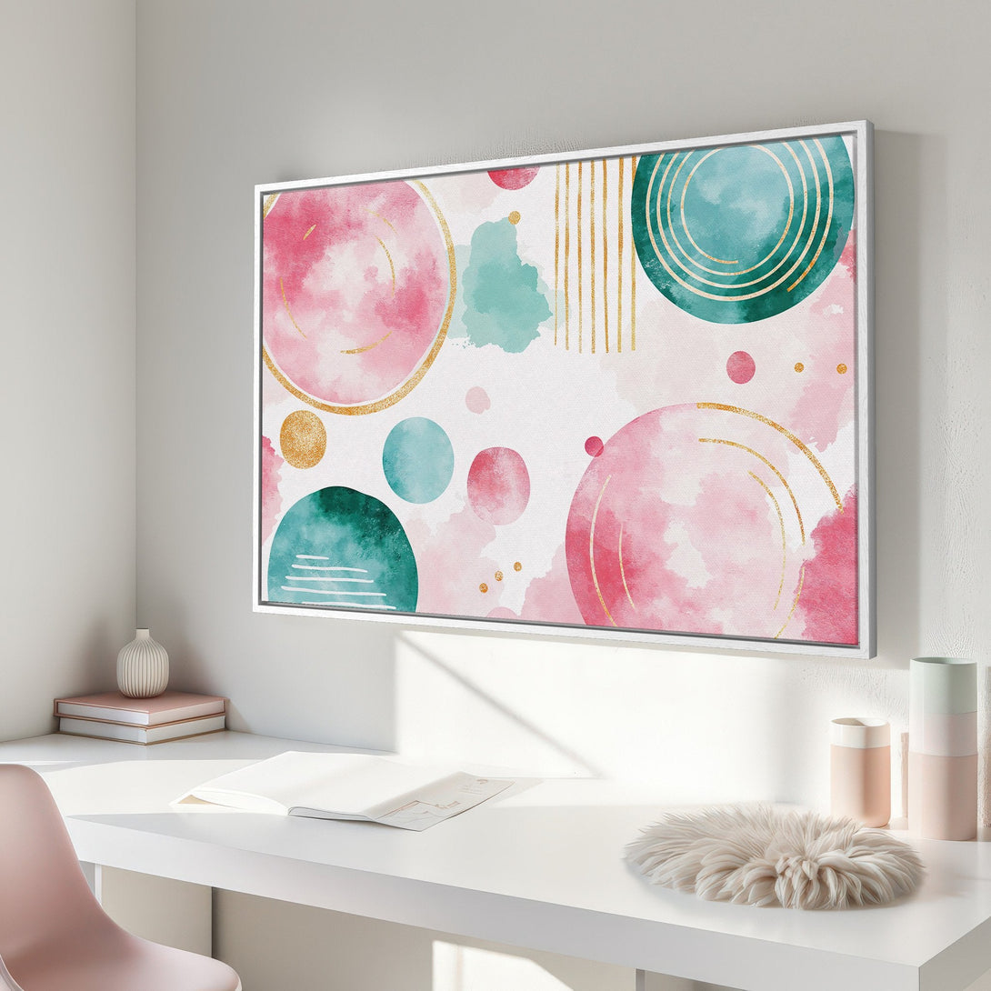 Abstract Canvas Print with watercolor circles in pink, teal, and gold. Modern art piece for stylish home decor.