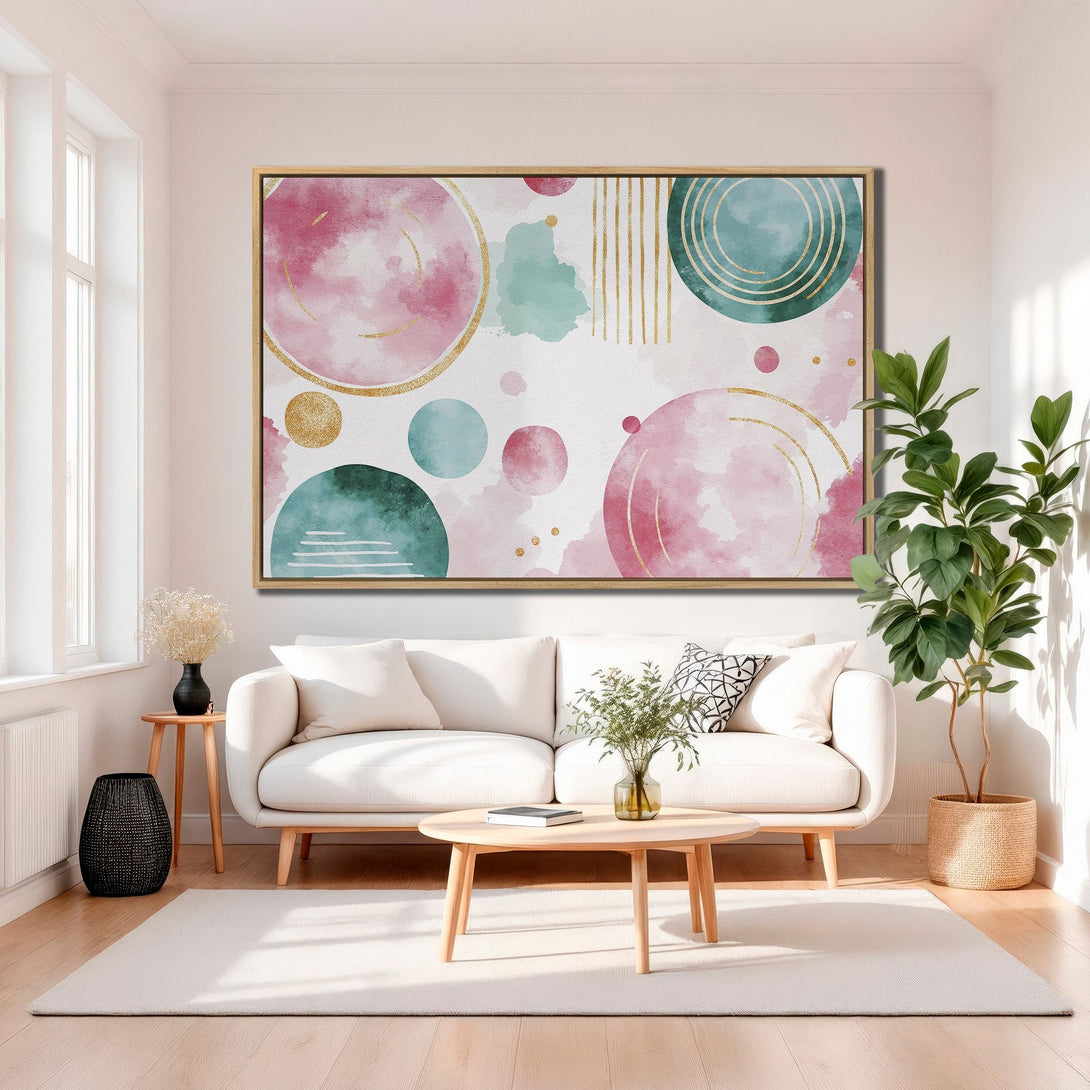Framed Wall Art: Abstract watercolor circles in pink, teal, and gold. Modern art Canvas Print adds a touch of elegance to any living room.