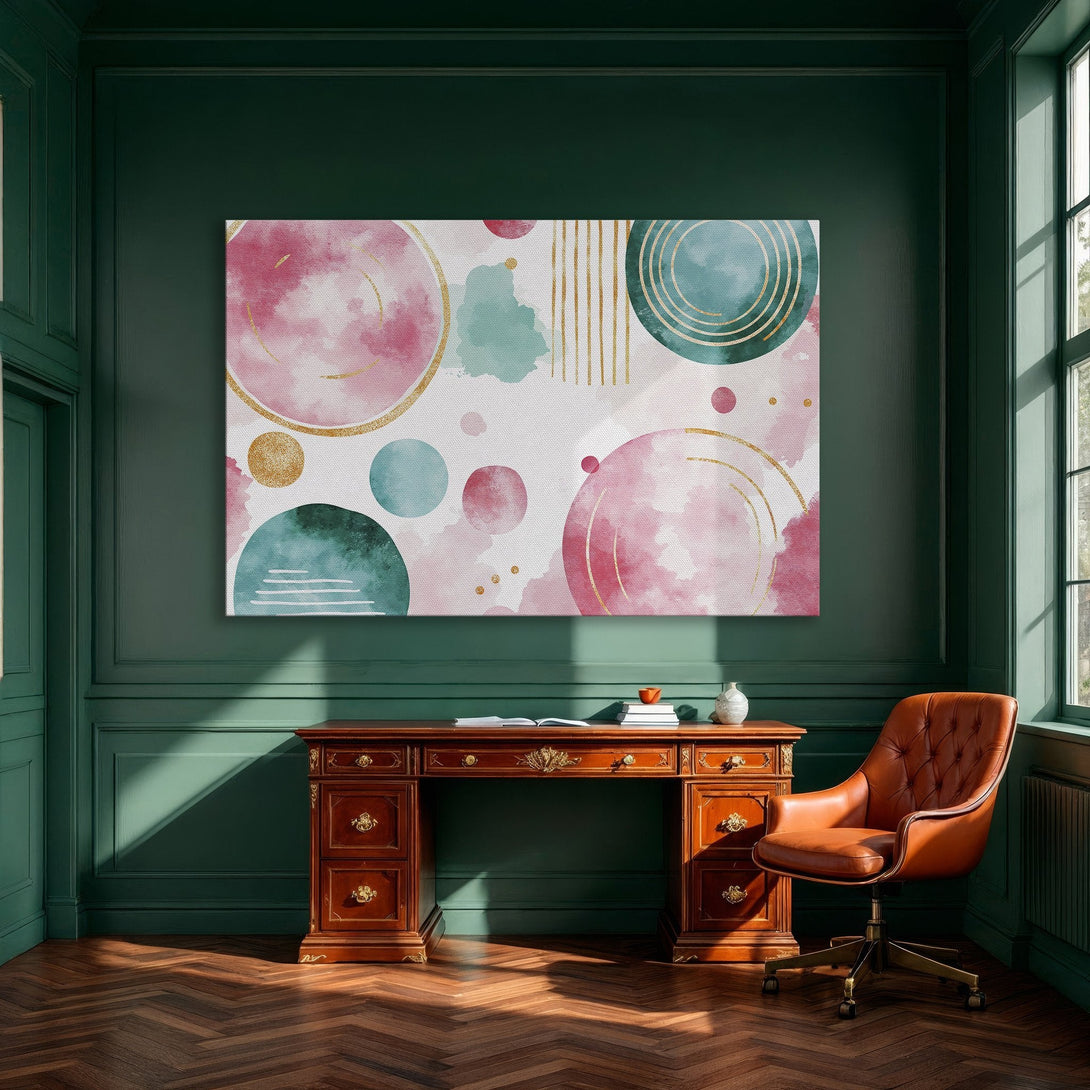 Framed Wall Art featuring abstract watercolor circles in pink, teal, and gold. Modern art canvas print perfect for dining room decor.