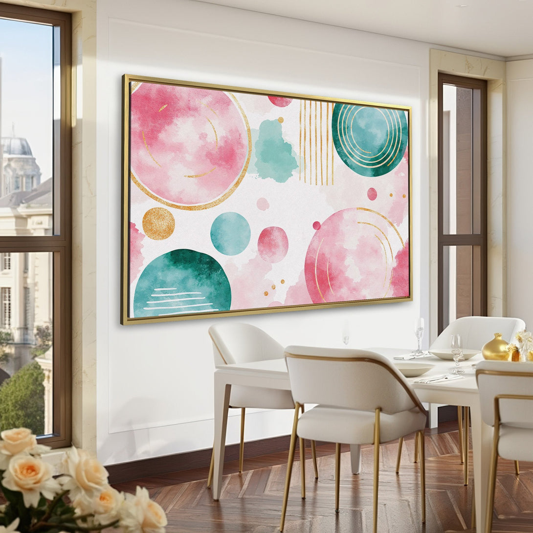 Abstract Canvas Print art in a home office. Watercolor style with pink, teal, and gold accents. Perfect for adding a pop of color!