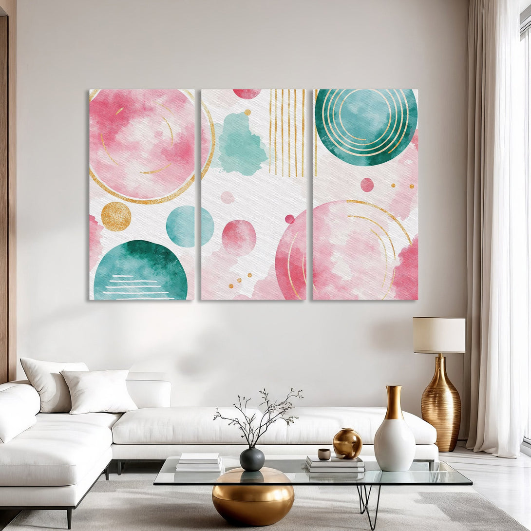 Abstract Canvas Print art in pink, teal, and gold. Modern wall decor for a stylish interior.