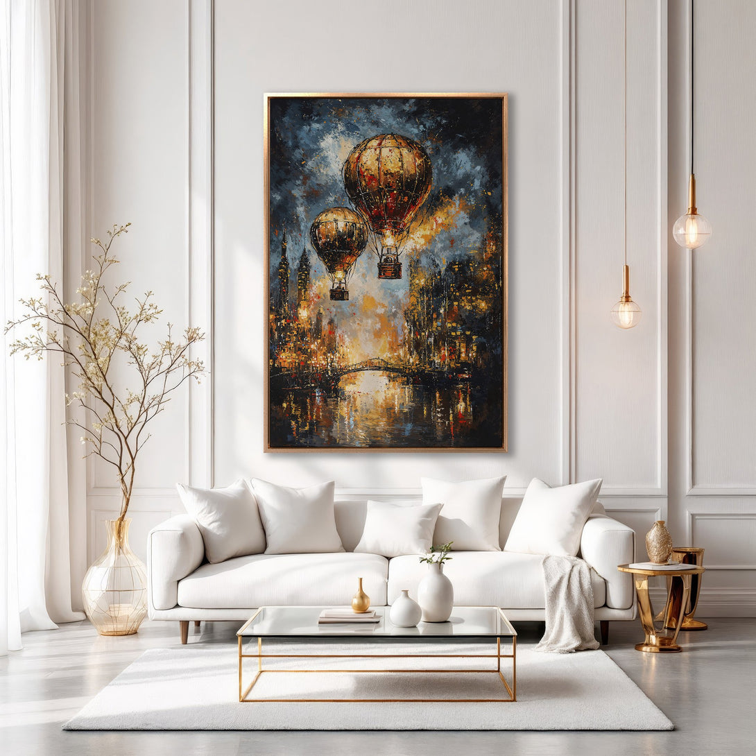 Framed Wall Art: Dramatic hot air balloon painting in a luxurious living room. Rich blues, golds, and oranges create a stunning focal point. Elevate your space with art!