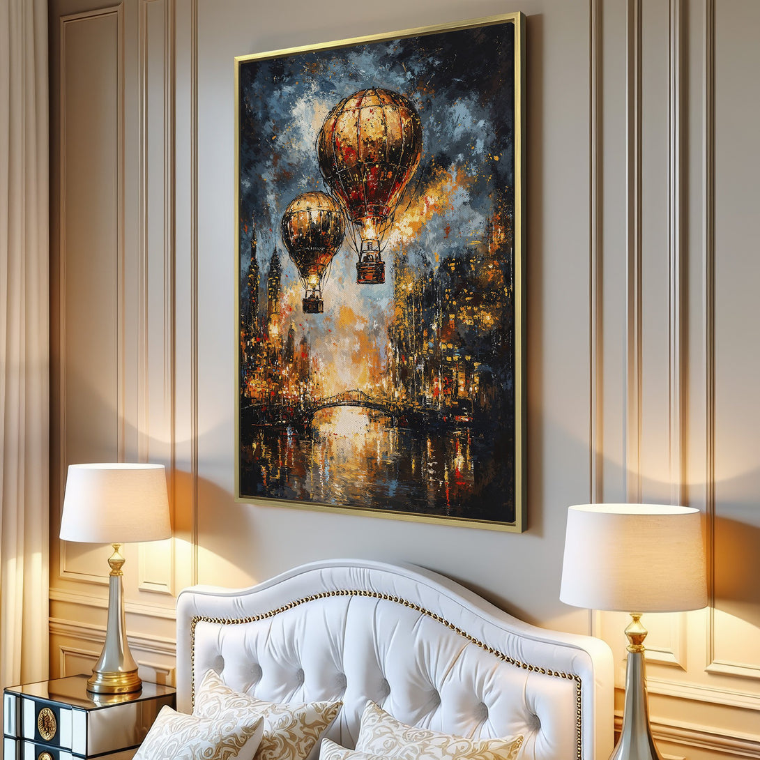 Canvas Print of hot air balloons over a city, impressionist style with warm gold, orange, and blue tones. Perfect wall art for your home!
