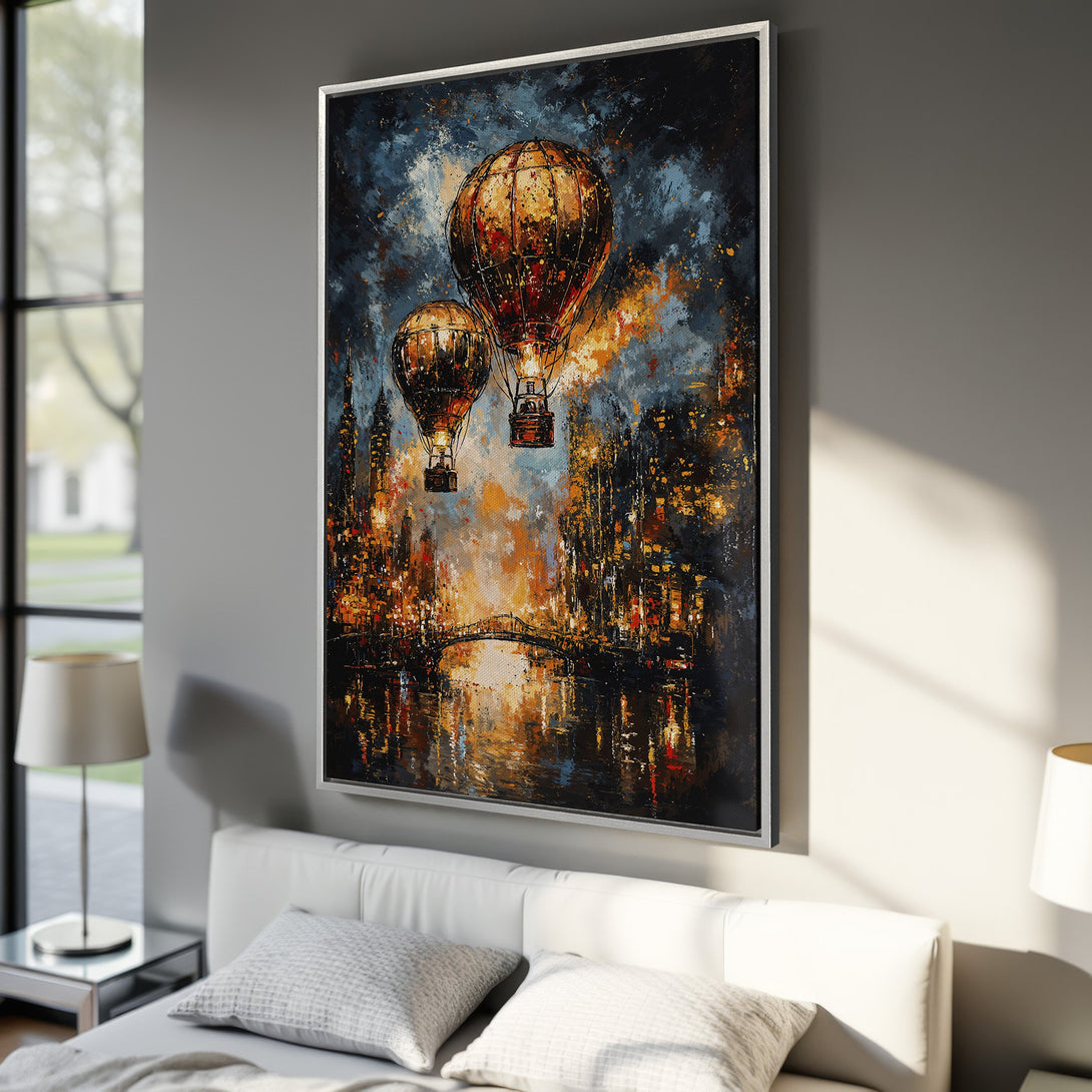 Framed Wall Art: Hot air balloons over a cityscape in a vibrant, impressionistic style. Features a moody blue, orange, and gold color palette. Perfect for any room!