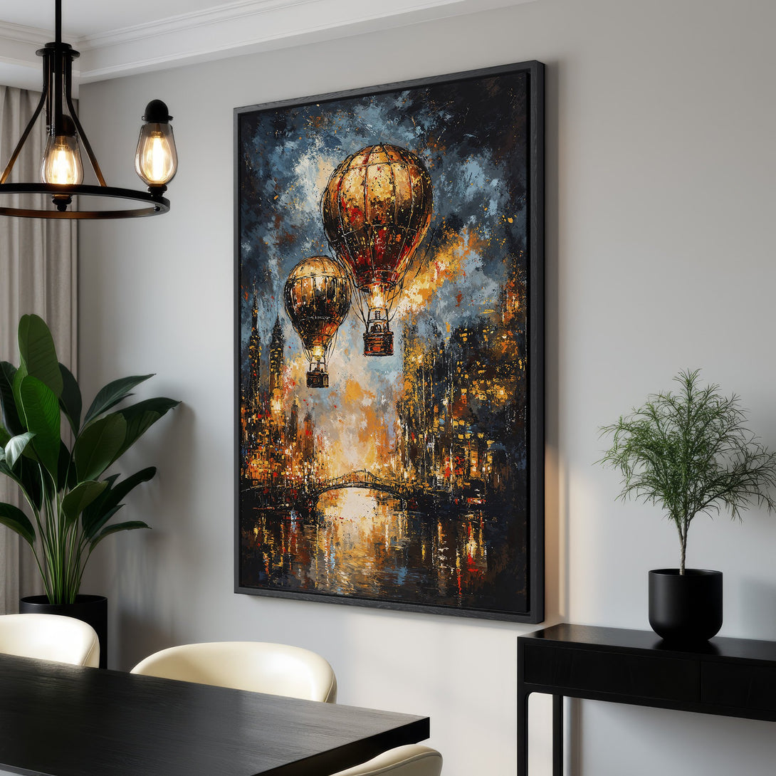 Framed Wall Art: Abstract cityscape with hot air balloons. Warm color palette of gold, orange, and blue. Perfect for modern home decor.