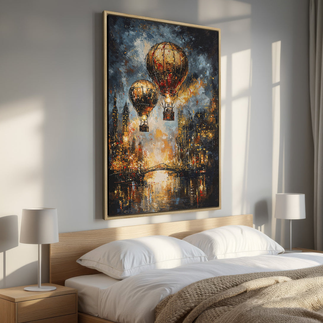 Framed Wall Art: Stunning cityscape canvas print with hot air balloons. Features an impressionistic style with warm orange, yellow, and blue tones. Perfect for bedroom decor.