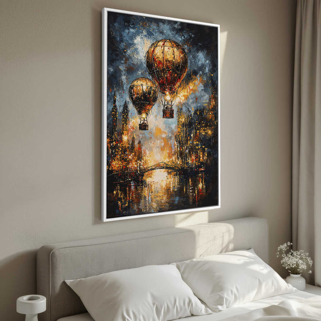 Framed Wall Art: Abstract cityscape with hot air balloons, featuring a warm color palette. Perfect for bedroom decor. Shop now!