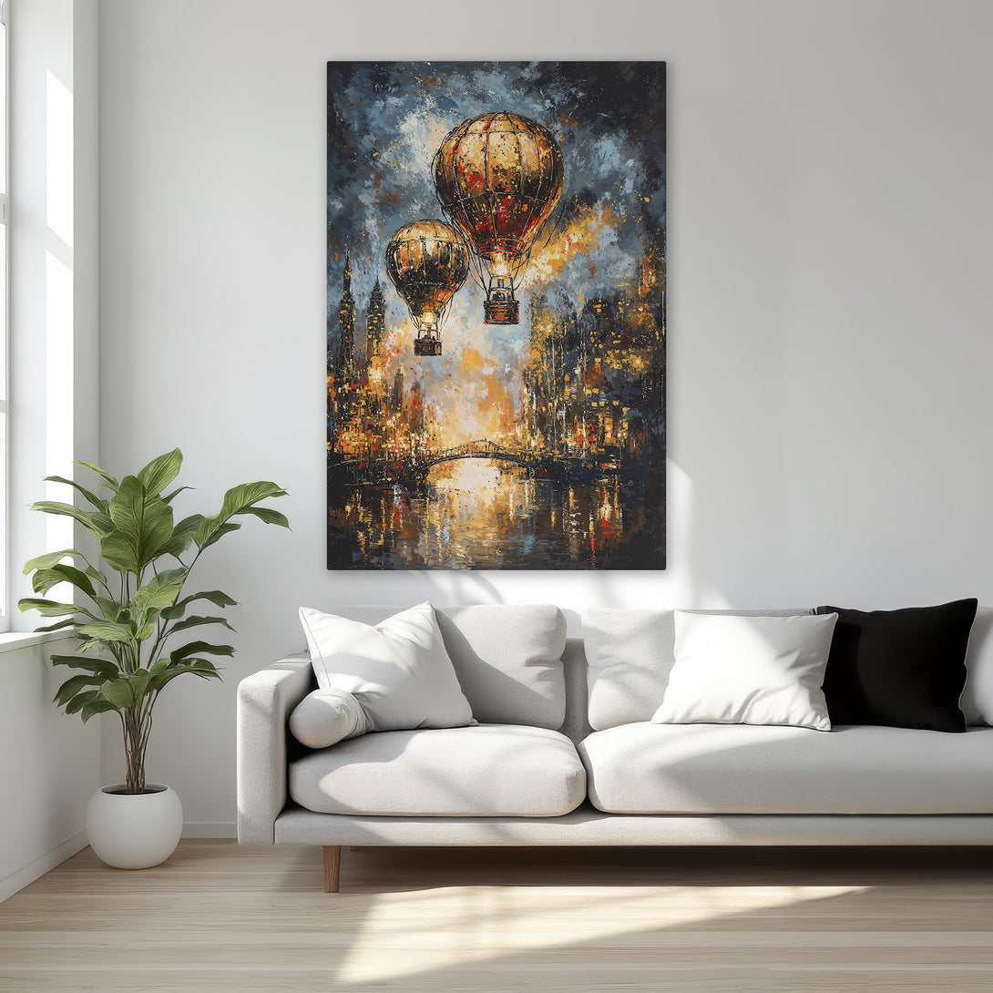 Framed Wall Art: Dramatic hot air balloon painting in a city scene. Rich blues, golds, and oranges create a stunning, artistic statement piece. Perfect for any home!