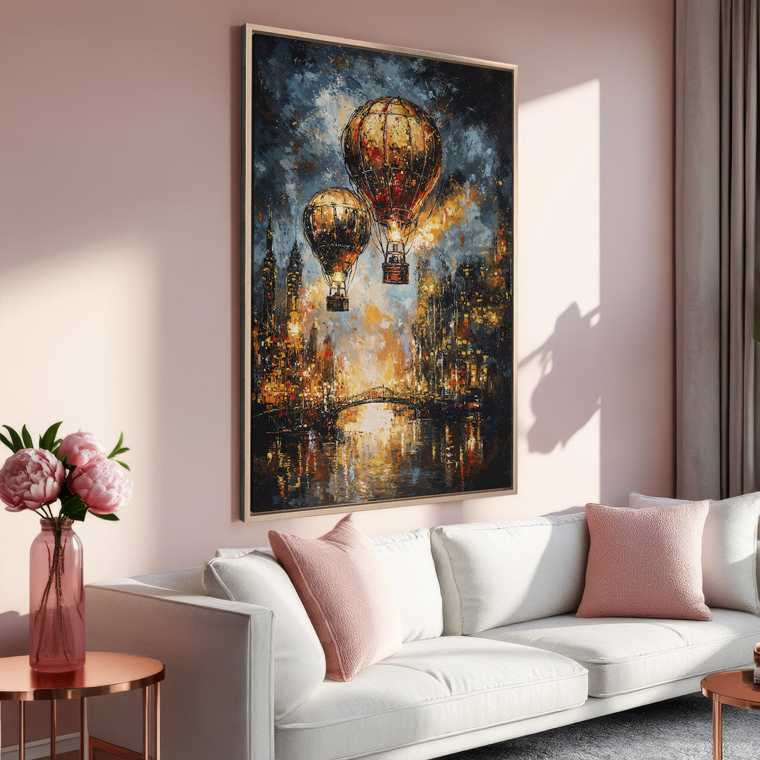Framed Wall Art: Abstract hot air balloon painting in warm orange, gold, and blue tones. Stylish art for living room decor.