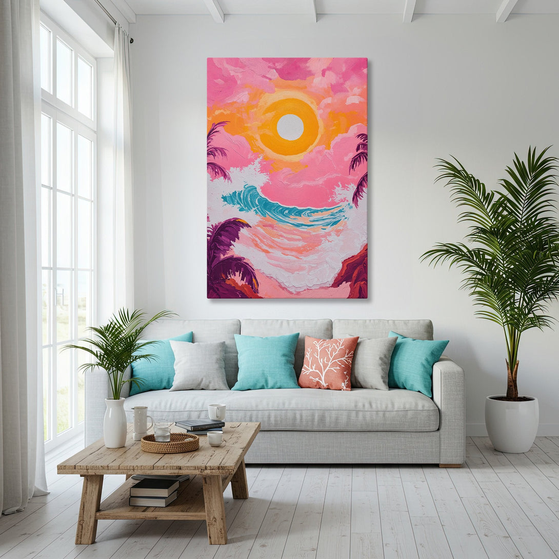 Framed Wall Art: Coastal sunset canvas print in pink, orange, and teal. Modern art for beachy vibes. Shop our art collection today!