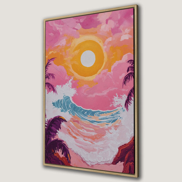 Framed Wall Art: Tropical sunset canvas print with vibrant pink, orange, and blue hues. Coastal landscape art with palm trees, perfect for beach house decor.