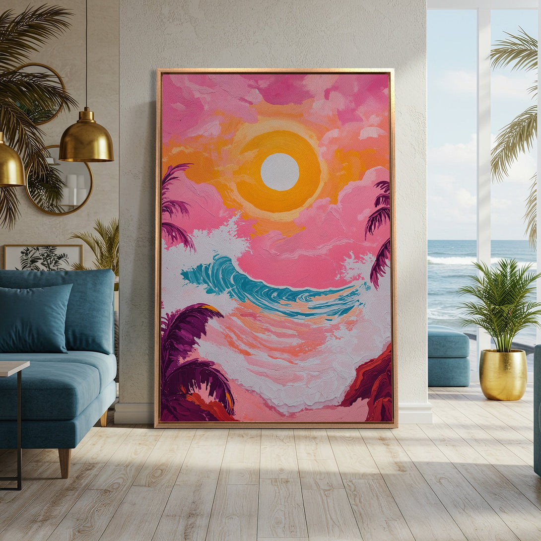 Framed Wall Art: Tropical sunset canvas print in vibrant pink, orange, and teal. Modern, impressionistic style adds a pop of color to any interior. Shop now!