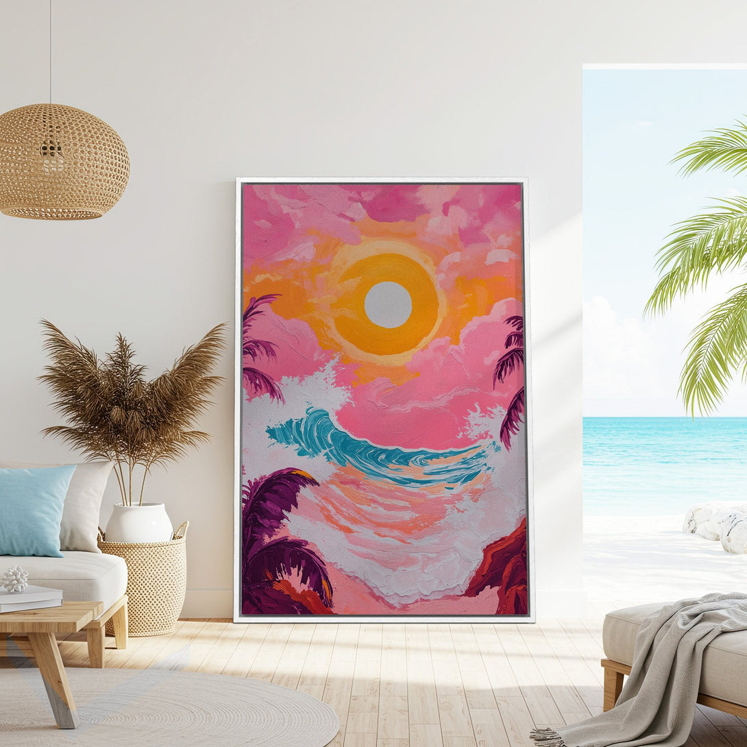 Framed Wall Art: Tropical sunset canvas print in vibrant pinks, oranges, and blues. Coastal style art to brighten any space.