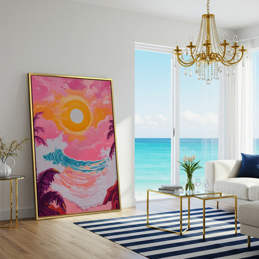 Canvas Print of a vibrant beach sunset scene in pinks, oranges, and blues. Modern art style, perfect for coastal decor.